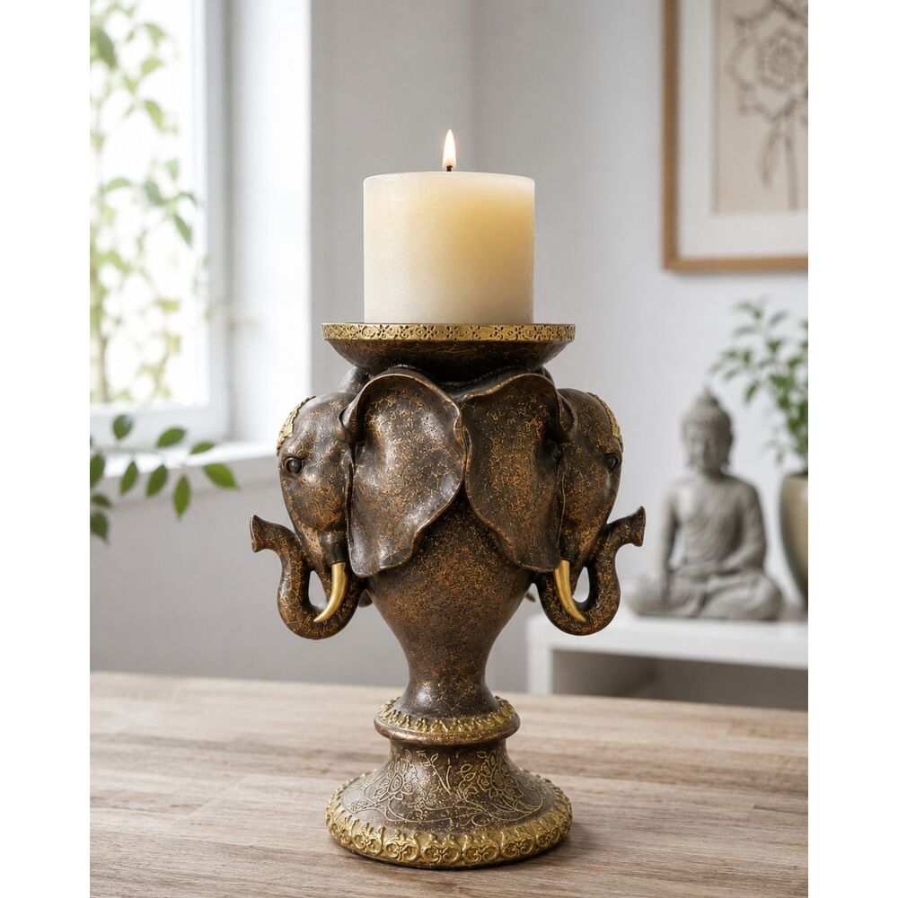Vintage Elephant Pillar Candle Holder Bronze Boho Meditation Decor Zen